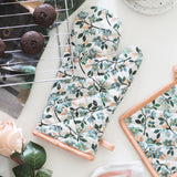 Professional Cotton Microwave Oven Gloves Mitts (2 pcs) for Kitchen Cooking - Big Leaf Blue - Heat Resistant, Thick & Safe, Protection of Hands from Hot Utensils, Gas Flame, Grill, Barbecue