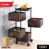 4-Layer Square Multipurpose Storage Trolley with Wheels | Revolving Vegetable Kitchen Rack | Kitchen Cabinet Spice Rack | Metal Fruit Storage Rack | Black (4 Layer / 1 Pc)