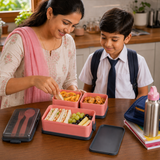 3 Compartment Lunch Box for Kids & Adults, Plastic Tiffin Box with 3 Detachable Containers, Spoon & Fork, Leakproof Airtight Lunch Box for School, Office & Travel