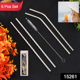 Reusable Stainless Steel Straws Set Of 5 (2 Straight Straws / 2 Bent Straws / 1 Brush)