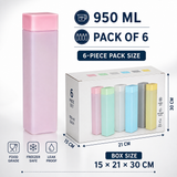 Frosty plastic water bottle Set of 6, Each 950 ml | Multicolor Lightweigh Leakproof Matte Finish Reusable Square size Bottle