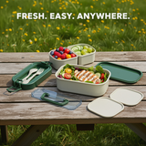 YUMMY – 2 Layer Oval Lunch Box with Spoon & Fork | BPA Free, Airtight & Leak Proof Tiffin Box for Kids Boys Girls Men & Women | Ideal for School, Office, Travel & Gifting (Green ,Light Orange & Gray))