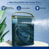 Portable 3-in-1 Mini Air Conditioner Fan – Functions as an Evaporative Cooler, Humidifier, and Air Purifier. Features 7-Color LED Light for Relaxing Ambience. Ideal for Personal Cooling in Bedroom, Office, or Home.