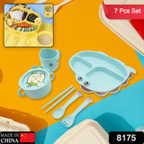 Baby Feeding Set for Kids and Toddlers, Children Dinnerware Set - Bamboo Fiber Feeding Set for Kids, Cartoon Design Plate, Cup, Spoon, Fork and Chopsticks, Tableware Cutlery for Kids Microwave &amp; Dishwasher Safe (7 Pcs Set)