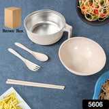 6 PCS Set Of Rice Bowl Noodle 1 Bowl With 1 Lid And Handle Wheat Straw Noodle Bowls With Wheat Straw 1 Fork 2 Chopsticks 1 Spoon For Soup Salad Cooker Snack Set